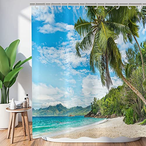 ASDCXZ Duschvorhang Palmen Strand 180x200 cm, Sommer Seaside Sandstrand Blauer Himmel Tropisch Pflanzen Waschbar Duschvorhänge Polyester Textil Wasserdicht Duschvorhang für Badewanne mit 12 Haken