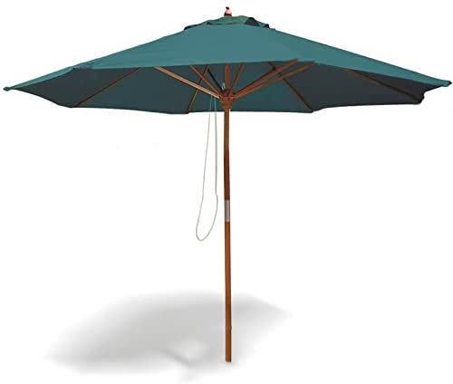 Sonnenschirm aus Holz, 2,7 m, mit Riemenscheibe, runder Terrassenschirm, Holzstange, tragbarer Outdoor-Markttisch-Regenschirm, 8 Rippen, UV-Schutz, wasserdicht, 160 g Polyester, grün