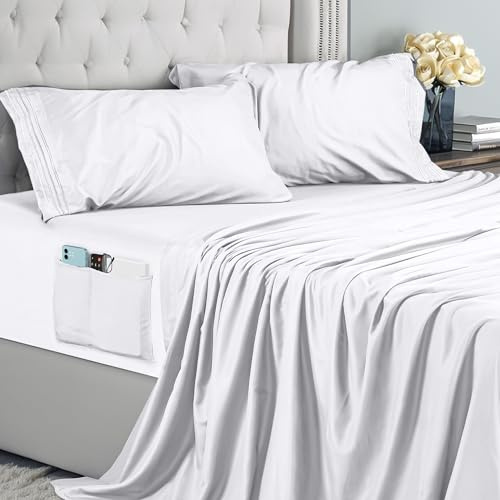 Utopia Bedding Set Lenzuola Una Piazza e Mezza 4 Pezzi 135x190 cm - Microfibra di Poliestere - Lenzuolo con Angoli con Tasche Portaoggetti, Lenzuolo Piatto e 2 Federe Ricamate, Bianco