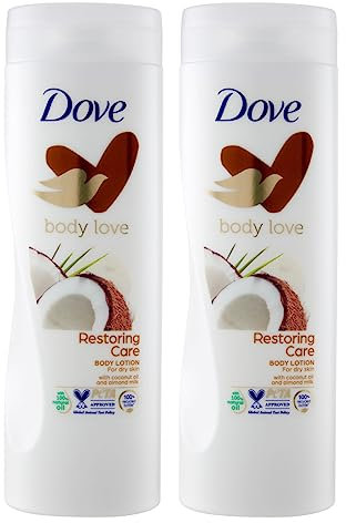 Dove Body Love Restoring Care Feuchtigkeitsspendende und nährende Körpercreme für trockene Haut mit Kokosöl und Mandelmilch, tiefe Ernährung, 2 Flaschen à 400 ml