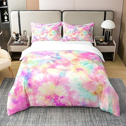 Kinder Krawatte Dye Rosa 100% Baumwolle Bettbezug 155x220 für Mädchen Batik Bettwäsche Set Trippy Zigeuner Pastell Tröster Abdeckung Aquarell Psychedelic Quilt Cover mit 1 Kissenbezug Zimmer Dekor