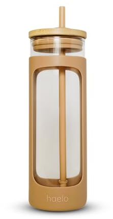 haelo 20oz Glass Tumbler Water Bottle, Iced Coffee Cup with Straw, Silicone Protective Sleeve, Bamboo Lid Reusable BPA Free (Amber)