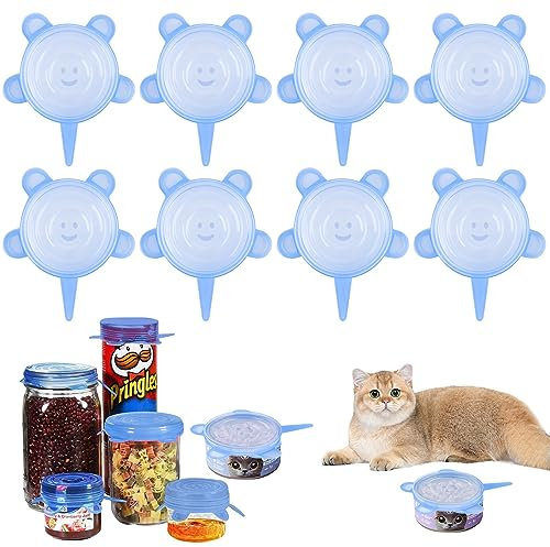 RUNEAY Lot de 8 Couvercles de Boîtes de Nourriture pour Chat, Couvercle en Silicone Extensible Diamètre 6,5 cm-8,5 cm Couvercle en Silicone Pour Boîtes de Nourriture pour Chat