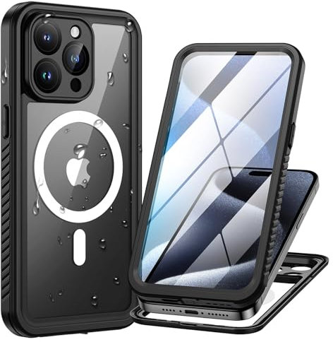 Lanhiem für iPhone 15 Pro Hülle, IP68 Wasserdicht [Kompatibel mit Magsafe] Handyhülle iPhone 15 Pro Magnetisch Case 360 Grad Panzerhülle Outdoor Stoßfest Schutzhülle Cover mit Displayschutz, Schwarz