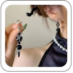Wendalern Boucles d'oreilles pendantes en perles de boule ethniques longues pampilles en perles d'onyx noir boucles d'oreilles pendantes perles rondes boucles d'oreilles à franges bijoux pour femmes