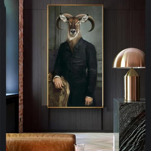 BIEMBI Leinwandgemälde, Retro-Nostalgie, Gentleman-Gemälde, Wandkunst, Ziegentier, Poster, Drucke für Wohnzimmer, Heimdekoration, 40 x 70 cm, mit Goldrahmen