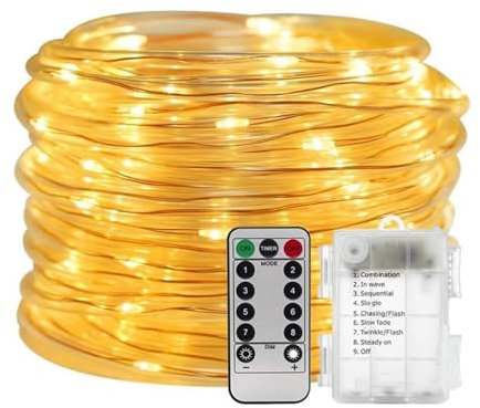 AVEKI LED Rope Lights, 33 ft 100 LED Battery Operated Tube String Lights with Remote Control & 8 Modes, Waterproof LED Fairy Lights Decoration for Indoor Outdoor Garden Wedding (Warm Light)