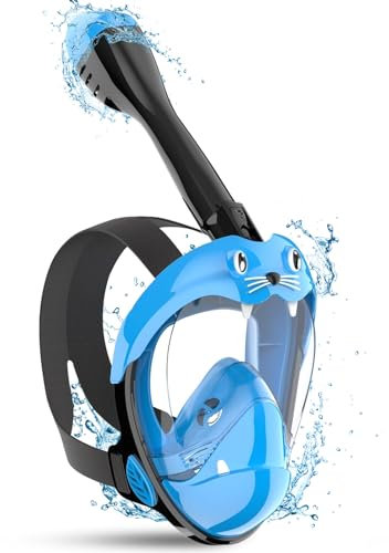 BGIUSQF Schnorchelmaske Kinder, Karikatur Schnorchelmaske, 180° Panoramablick Tauchmaske Kinder, HD-Antibeschlag Tauchmaske Vollgesichtsmaske, Müheloses Atmen Tauchermaske, Schwarz Blau
