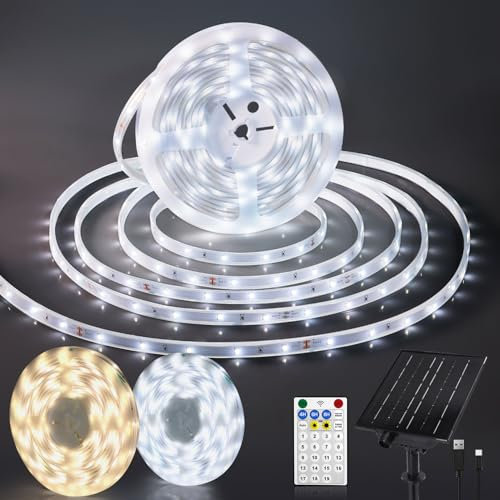 StarryEver Solar LED Steifen Außen 10M, Outdoor 300 LED Strip mit 19 Modi Fernbedienung Timer, Warmweiß & Kaltweiß Farbwechsel USB LED Band Stripes Lichtband für Garden Patio Balkon Outdoor Dekoration