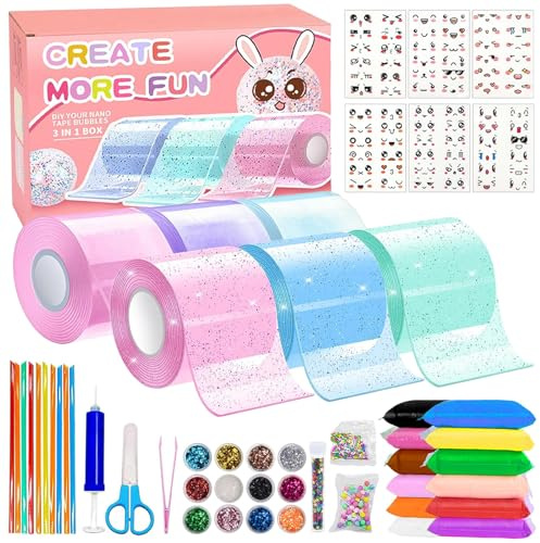 LFCFBH Nano Tape Kit for Kids, 6 * 3m Nano Tape Bubbles Set, Double Sided DIY Plastic Elastic Bubbles Tape Sequin Glitter Powder Sticker for Boy Girl Party Gift