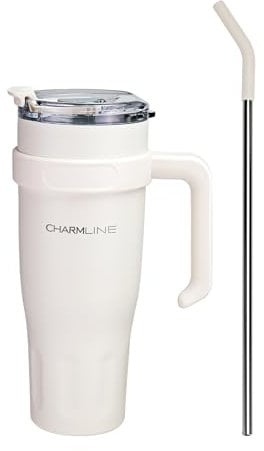 Charmline 1200ML Taza de Viaje,Vaso Térmico con Asa y Pajita,Portátil Botella de Agua Acero Inoxidable Aislado, Adecuado para Bebidas Calientes y Frías, Blanco Lechoso