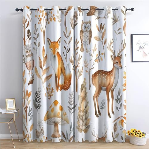 CozyRest Vorhang Blickdicht ösen 2er Set Aquarellfuchs -Eule im Wald Muster Gardine Lichtundurchlässig Fenstervorhang Wohnzimmer Vorhänge Größe: H 214 x B 91.5 cm