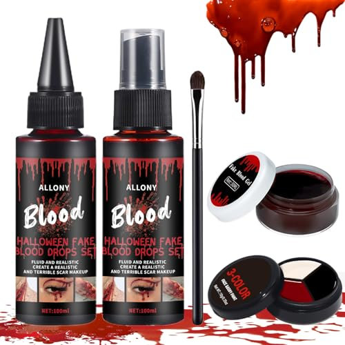 Allony Faux Sang Halloween Lavable, Maquillage Halloween Faux Sang Set, Faux Sang Coagul, 100 ml Faux Sang spray +100ml Faux Sang Liquide+30 ml Faux Sang Coagulé+Peinture de Visage Tricolore