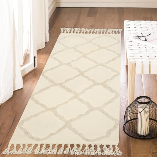LINROMIA Getufteter Teppich Läufer Teppich 60x150, Boho Beige Baumwolle Area Rug mit Handgewebten Quasten, Waschbar Flur Läufer Teppich für Schlafzimmer Küche Wohnzimmer Eingang