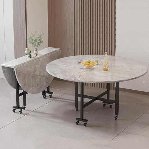 Mobiler Runder Klappbarer Esstisch, Klappbarer Küchentisch mit 360° Drehbarem Universalrad, Klapp-Küchentisch, Platzsparender Klapp-Küchentisch, Faltbar in 3 Formen, 4-10 Personen(140x75cm/55x30in)