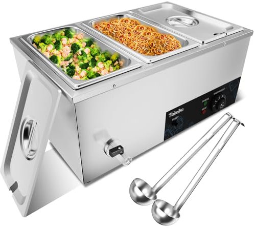 TAIMIKO Electric Food Warmer -with Anti-Dry Burn & Reset Button 1500W Commercial Bain Marie,Stainless Steel Buffet Container, 0-85°C Adjustable Temp for Restaurant & Buffet (GN 1/3 × 3)
