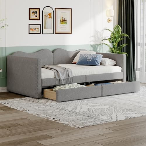 Zravenna Sofa Bed Polsterbett 90x200 cm, Schlafsofa mit Lattenrost und 2 Schubladen, Multifunktionsweichbett mit Rückenlehne und Armlehnen, Jugendbett Gästebett, Samtstoff, Grau