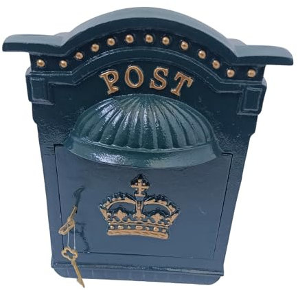 Cast Iron Metal Wall Mounted Post Box With Gold Lettering And Crown Detail In Green