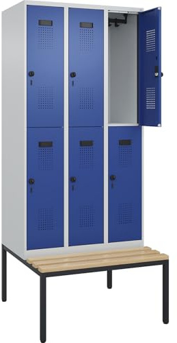 kaiserkraft | Doppelstock-Spind Evolo Plus Sitzbank | 3 Abteile | lichtgrau/enzianblau | B 900 mm | Sicherheits-Drehriegel | mit untergebauter Sitzbank | Buche