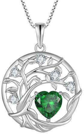 FJ Tree of Life Necklaces for Women 925 Sterling Silver Family Tree Pendant Emerald Necklace May Birthstone Jewellery Birthday Gifts for Her