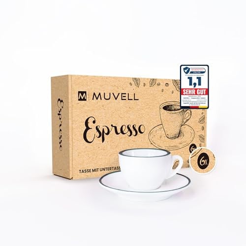 MUVELL 6x Espressotassen | Weiß - Grün | Italian Style | dickwandig & schwer | spülmaschinenfest | Espresso 6er Set mit Untertassen - Geschenkset