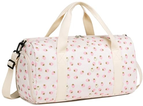 LEDAOU Sporttasche Kinder, Schwimmtasche, Reisetasche, Schuhfach, Nassfach (Cord- Große Erdbeere Beige)