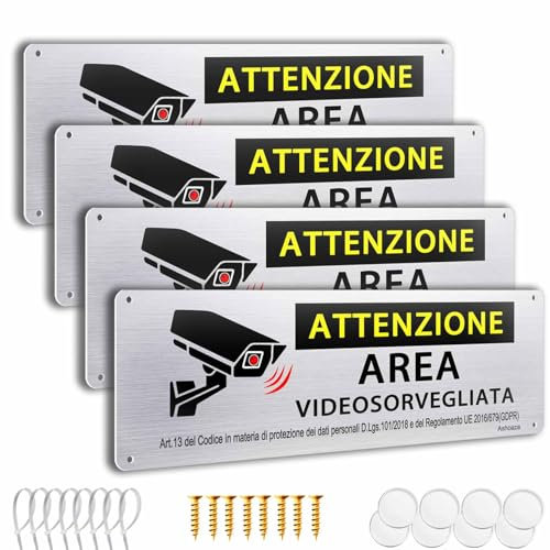 4 Pezzi Cartello Area Videosorvegliata, 18x6cm Cartello Videosorveglianza e allarme per casa Metallo Esterno Alluminio Spazzolato piccolo, Cartello Proprietà Privata (Compresi gli accessori)