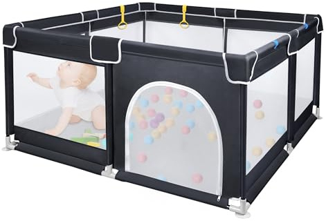 HENGMEI Laufgitter Baby 127 X 127cm Laufstall Absperrgitter Faltbar Aktivitätszentrum aus Kunststoff Mit 50 Bunten Kugeln, Atmungsaktivem Netz Sicherheitsspielplatz (Schwarz)