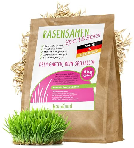 halmland® Rasensamen schnellkeimend 5kg für 200m² - strapazierfähiger Sport-und Spielrasen - Grassamen trockenresistent Sommer - aus Deutschland - Nachsaat, Rasensaat