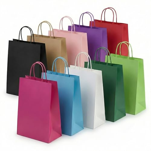 Kids Party Bags - 50Pcs Wrinkle Free Paper Party Bags with Twisted Handles - 10 Colour 5 of Each Rainbow Party Bags, 100gsm Strong Recyclable Gift & Kraft Bags for Birthdays & Baby Showers 24×18×8cm