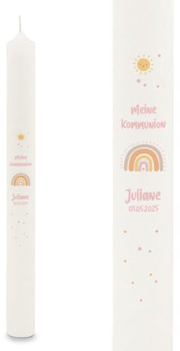 GRAVURZEILE Bedruckte Stabkerze - Regenbogen Pastell - Personalisiert mit Name & Datum - Geschenk zur Taufe, Kommunion oder Konfirmation - Für Jungen & Mädchen - Altarkerze 400/40 mm - Farbe: Rosa