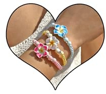 LANWLOSI 3 Stück hawaiianische Plumeria-Armbänder für Frauen, böhmische gewebte tropische Blumen-Armbänder, handgefertigt, geflochtene Schnur, Armband, Sommer, Strand, hawaiianischer Schmuck, Zubehör