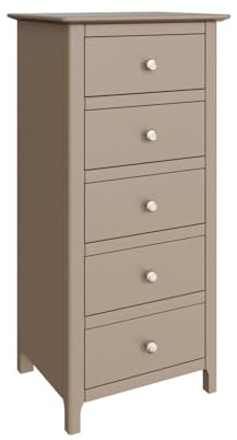 FWStyle Palma Putty 5-Drawer Tall Slim Chest of Drawers – Fully Assembled Narrow Storage Unit with Smooth-Glide Drawers & Brushed Metal Handles – Compact Bedroom Furniture