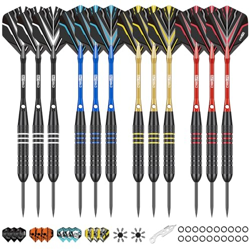 CyeeLife Dartpfeile mit Metallspitze,12 Stück Profi Steeldarts,Darts Sets mit Aluminium Schafts Flights Sharpener Rubber O Ring Dart Tool