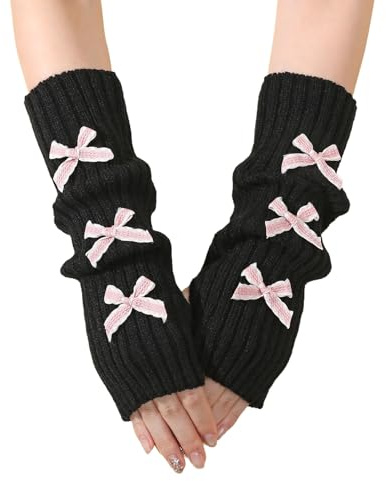 Wambere 2 Paar Winter Warm Fingerlose Handschuhe Armstulpen Strick Lang Pulswärmer Handwärmer Strickhandschuhe Damen-Armwärmer Y2k Handschuhe mit Schleife für Damen und Mädchen,7x30cm,Schwarz Rosa