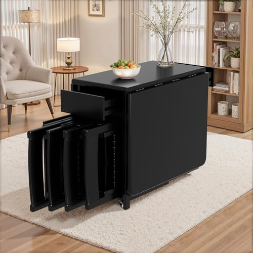 TFFCIC Folding Drop Leaf Dining Table and Chairs, Space Saving Solid Wood | Fully Assembled Foldable Table with Storage & 4 Wheels for Kitchen Small Spaces, 130 cm Table with 4 Hidden Chairs, Black