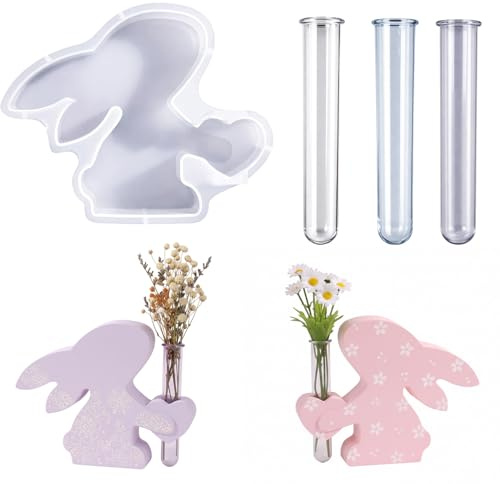 Silikonform Hase Vase mit 3 Reagenzgläsern, Gießformen Ostern für Epoxidharz, 3D Kaninchen Resin Form für Pflanzenvermehrung, DIY Hydrokultur Ständer, Süße Osterdeko & Geschenke