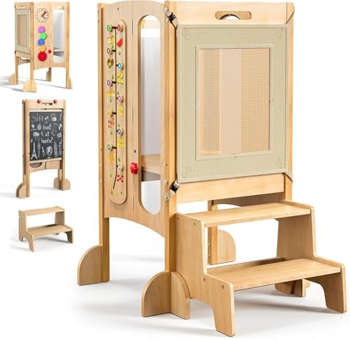 SPYLAVE Lernturm Klappbar ab 1 Jahr, 5 in 1 Multifunktionaler Lernturm aus Holz mit Tafel, Montessori Learning Tower für Kinder, Kleinkinderturm mit Sicherheitsnetz, höhenverstellbar, Buchenholz