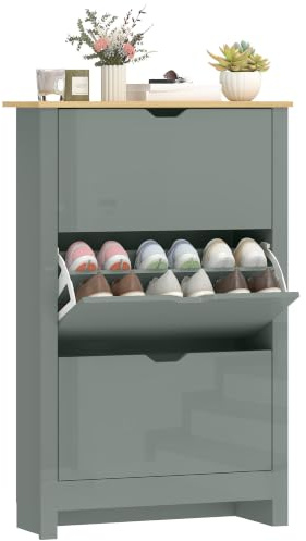 HOMCOM Shoe Cabinet Ultra Slim 3 Flip Drawers 9-18 High Gloss Light Grey | Shoe Storage Cabinet, Space Saving Cupboard, Adjustable Shelves, Hallway, Living Room