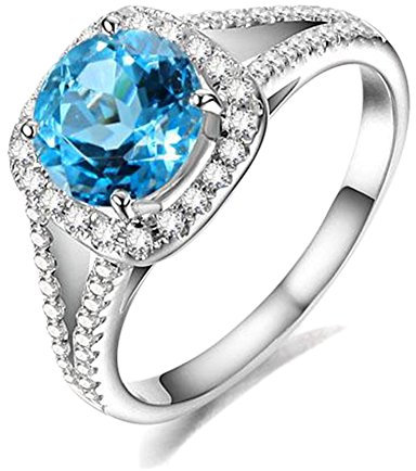 natürlich Blau Topas Edelstein echt Diamant Solide 14K (585) Weißgold für Frauen Damen Hochzeit Verlobungsringe Ring