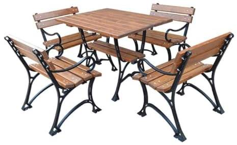 Casa Padrino Jugendstil Gartenmöbel Set Tisch & 4 Stühle mit Armlehnen Braun/Schwarz 100 cm - Gartentisch und Gartenstühle