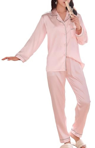 Rojeam Ensemble de Pyjama Femme Pyjama en Satin de Soie Manche Longue Vêtements de Nuit 2 Pièces, Rose Clair, Taille XS