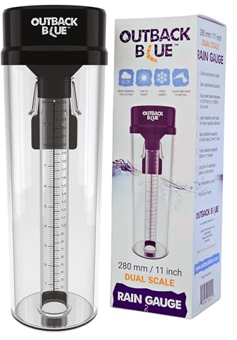RAIN GAUGE Large 280mm/11 Inch Capacity by Outback Blue. Professional Style Rain Measuring Gauge With Mounting Bracket - Ideal Weather Management Tool for Lawn, Garden & Farm