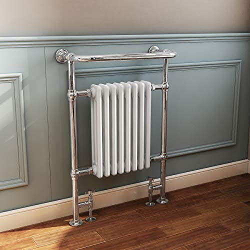 NRG Traditional Bathroom Heated Towel Rail Column Radiator Cast Iron Rad White & Chrome 952x659 mm