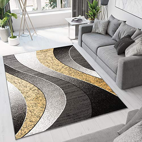 TAPISO Dream Teppich Wohnzimmer Schlafzimmer Esszimmer Kurzflor Modern Meliert Wellen Grau Dunkelgrau Gold Gelb ÖKOTEX 160 x 220 cm