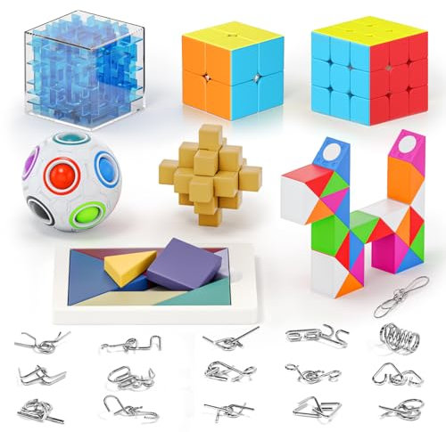Vdealen Denkaufgabe Metalldraht Puzzle Set Tangram Puzzles Spiel 2x2 3x3 Zauberwürfel Puzzle Spielzeugset 3D Labyrinth Box Snake Cube Rainbow Ball für Kinder und Erwachsene Lernspiele 23er Pack