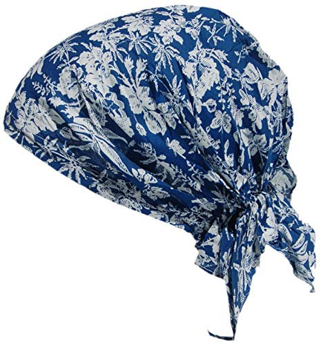 Cool4 Sommer Kopftuch Strand Bandana Meer Beanie Sonne Sonnenschutz Mütze Chemo Cap A04 (Jeansblau elegant weiß geblümt)