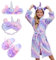 Piefry Weicher Einhorn-Bademantel mit Kapuze für Mädchen mit Einhorn-Pantoffeln, Augenbinde und Stirnband - Geschenke für Mädchen (Purpur, 6-7 Jahre)
