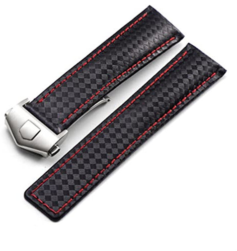 SKM 20 22 mm Für TAG Heuer Uhrenarmband Kohlefaser Textur Rindsleder unten SCHWARZ ROT Armband Herrenarmband mit Faltschlie?e (Farbe: Schwarz Silberschlie?e, Gr??e : 22 mm)