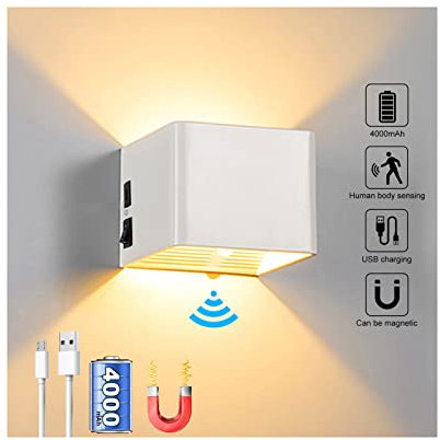 Akku Wandleuchte Innen, 4000mAh USB Aufladbare Lampe mit Bewegungsmelder Innen Batterie 5W, Wandlampe mit Schalter Aluminium Wandbeleuchtung Kabellose Magnetische Flurlampe für Wohnzimmer -Warmweiß